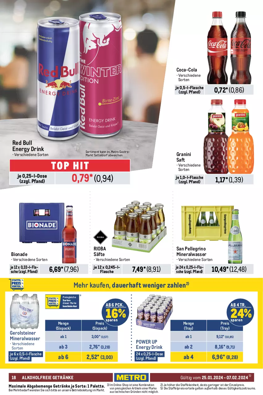 Aktueller Prospekt Metro - GastroJournal - von 25.01 bis 07.02.2024 - strona 18 - produkty: alkohol, alkoholfreie getränke, Alwa, auer, bier, bio, bionade, bitburger, bitburger pils, budweiser, burger, coca-cola, cola, corona, corona extra, desperados, drink, eis, elle, energy drink, flasche, franziskaner, gerolsteine, gerolsteiner, getränk, getränke, granini, Metro, metro gastro, mineralwasser, Palette, pils, preisvorteil, red bull, reis, ring, rioba, saft, säfte, san pellegrino, sattel, Spaten, steiner, Ti, veltins, wasser, weissbier