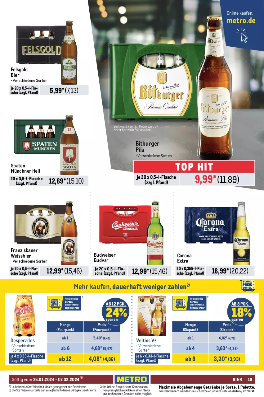 Aktueller Prospekt Metro - GastroJournal - von 25.01 bis 07.02.2024 - strona 19 - produkty: alkohol, alkoholfreie getränke, Alwa, auer, bier, bio, bionade, bitburger, bitburger pils, budweiser, burger, coca-cola, cola, corona, corona extra, desperados, drink, eis, elle, energy drink, flasche, franziskaner, gerolsteine, gerolsteiner, getränk, getränke, granini, Metro, metro gastro, mineralwasser, Palette, pils, preisvorteil, red bull, reis, ring, rioba, saft, säfte, san pellegrino, sattel, Spaten, steiner, Ti, veltins, wasser, weissbier