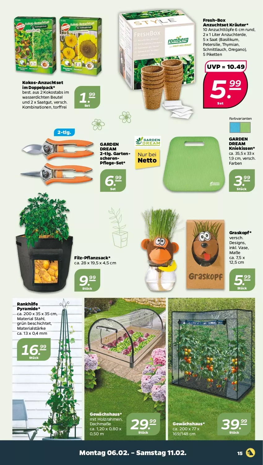 Aktueller Prospekt Netto - Woche 6 - von 06.02 bis 11.02.2023 - strona 15 - produkty: basilikum, beutel, erde, Garten, Gewächshaus, Holz, Kette, kissen, Kniekissen, kokos, kräuter, LG, petersilie, Ria, sac, Schere, schnittlauch, Ti, Vase, wasser