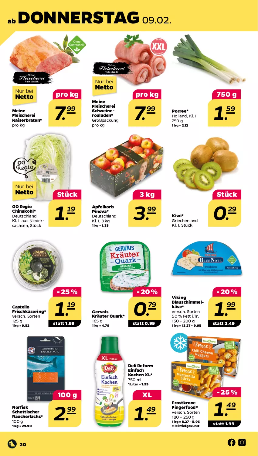 Aktueller Prospekt Netto - Woche 6 - von 06.02 bis 11.02.2023 - strona 20 - produkty: apfel, braten, deli reform, eis, fleisch, Fleischerei, frischkäse, gervais, Kaiser, Käse, kiwi, korb, kräuter, krone, lachs, nero, quark, Räucherlachs, ring, rouladen, sac, Schere, schott, schwein, schweine, Schweineroulade, Ti, tisch, wein, weine