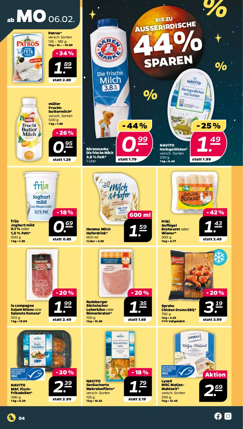 Aktueller Prospekt Netto - Woche 6 - von 06.02 bis 11.02.2023 - strona 4 - produkty: bärenmarke, Berger, braten, bratwurst, butter, buttermilch, dell, drink, elle, filet, filets, fisch, frikadellen, frische milch, frucht, Geflügel, hafer, Haferdrink, hering, Herings, joghur, joghurt, joghurt mild, Käse, leberkäs, leberkäse, lysell, Makrele, Makrelenfilets, matjes, milch, Müller, patros, radeberger, rel, ring, rum, salami, Ti, wiener, wurst