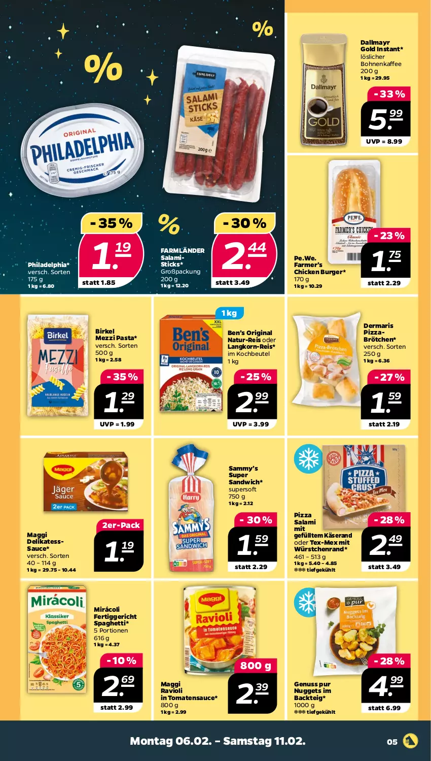 Aktueller Prospekt Netto - Woche 6 - von 06.02 bis 11.02.2023 - strona 5 - produkty: Ben’s Original, beutel, birkel, bohne, bohnen, bohnenkaffee, brötchen, burger, dallmayr, dallmayr gold, eis, fertiggericht, gin, kaffee, Käse, kochbeutel, korn, löslicher bohnenkaffee, maggi, Mirácoli, mit würstchen, natur, natur-reis, nuggets, nuss, pasta, philadelphia, pizza, ravioli, reis, salami, sandwich, sauce, spaghetti, Ti, tomate, tomaten, tomatensauce, würstchen