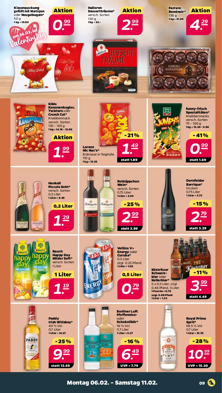 Aktueller Prospekt Netto - Woche 6 - von 06.02 bis 11.02.2023 - strona 9 - produkty: berliner, berliner luft, bier, dessert, dornfelder, elle, erdnüsse, ferrero, flasche, funny-frisch, Happy Day, henkel, henkell, irish whiskey, kellerbier, kissen, KnabberSnack, köstritzer, Kugel, likör, lorenz, marzipan, pfeffer, Rauch, rotkäppchen, saft, schoko, sekt, snack, snacks, Spezi, Ti, veltins, wein, whiskey