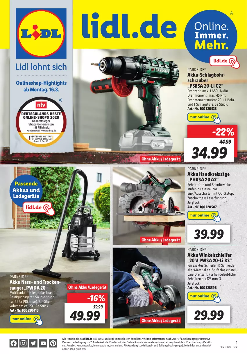 Aktueller Prospekt Lidl - Onlineshop-Highlights der Woche - von 07.08 bis 22.08.2021 - strona 1