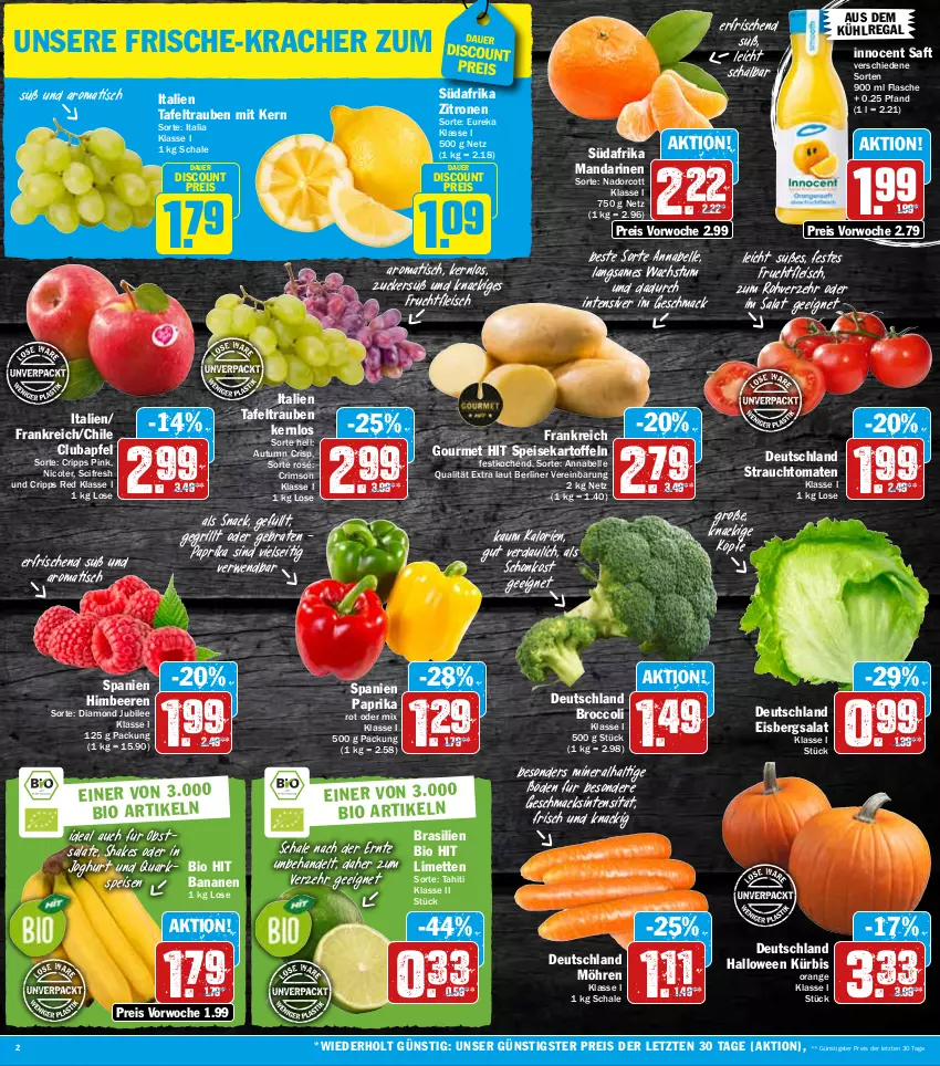 Aktueller Prospekt Hit - Prospekte - von 04.10 bis 08.10.2022 - strona 2 - produkty: apfel, auer, aus dem kühlregal, banane, bananen, beere, beeren, berliner, bio, bio hit, braten, broccoli, Cif, discount, eis, eisbergsalat, elle, flasche, fleisch, frucht, fruchtfleisch, grill, himbeer, himbeere, himbeeren, Innocent, joghur, joghurt, kartoffel, kartoffeln, kracher, kühlregal, Kürbis, limette, limetten, mac, mandarine, mandarinen, Mett, metten, möhren, obst, orange, paprika, quark, Rauch, regal, reis, rwe, saft, salat, salate, Schal, Schale, shake, snack, speisekartoffeln, strauchtomaten, tafeltrauben, Ti, tisch, tomate, tomaten, trauben, zitrone, zitronen, ZTE, zucker