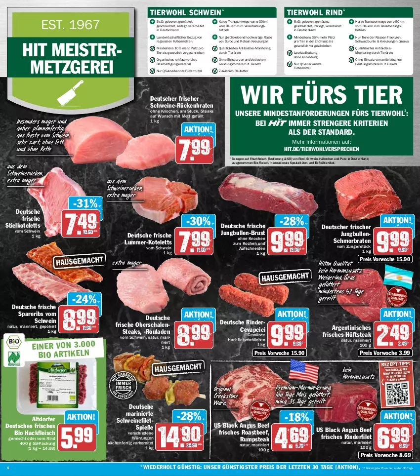 Aktueller Prospekt Hit - Prospekte - von 04.10 bis 08.10.2022 - strona 4 - produkty: auer, Bau, Bauer, beef, bio, braten, cevapcici, eis, elle, filet, filets, fleisch, Geflügel, gewürz, gin, hackfleisch, hackfleisch gemischt, hüftsteak, jungbullen, Kette, kotelett, küche, Küchen, lack, mais, Meister, Mett, monitor, natur, pfanne, pfannen, pute, reis, Ria, rind, rinder, rinderfilet, ring, roastbeef, rouladen, Rückenbraten, rum, rumpsteak, sauce, Schal, Schale, schmorbraten, schwein, schweine, schweinefilet, schweinerücken, spareribs, Spezi, Sport, steak, steaks, tagliatelle, Ti, Tiere, tisch, wein, weine, ZTE