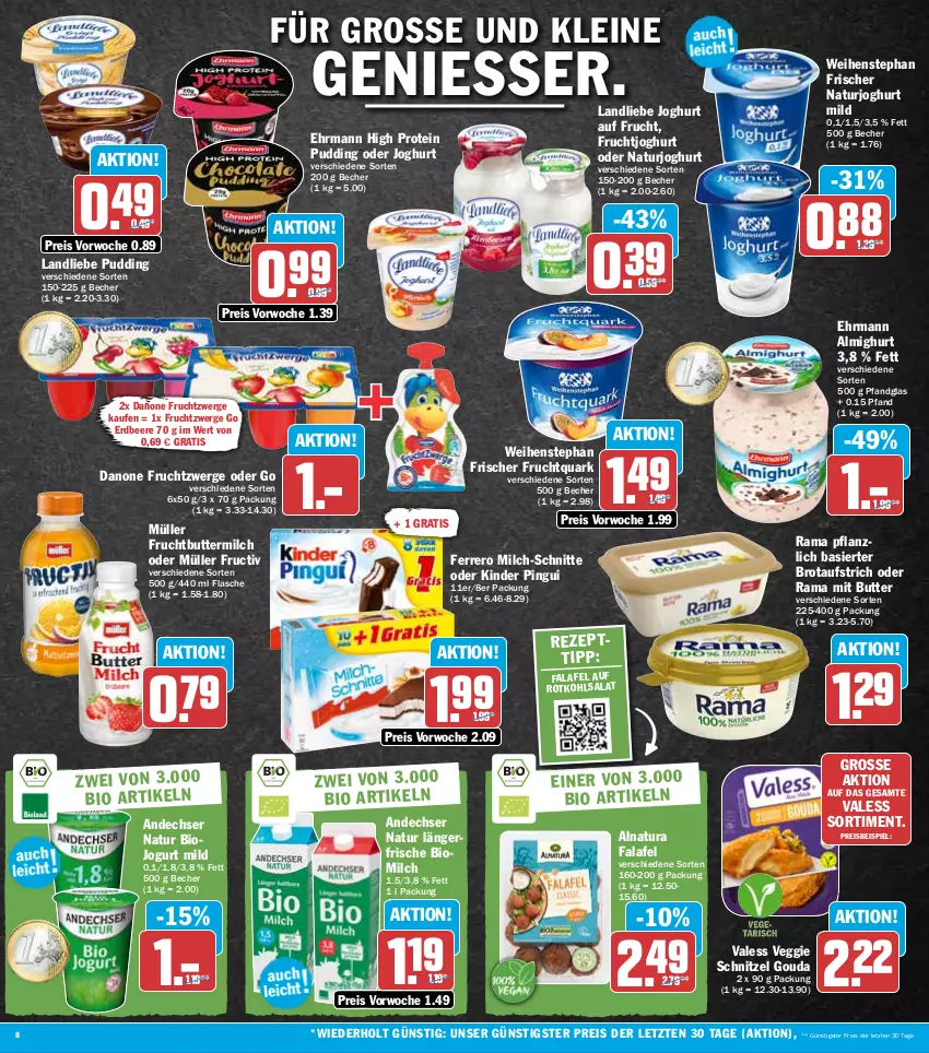 Aktueller Prospekt Hit - Prospekte - von 04.10 bis 08.10.2022 - strona 8 - produkty: almighur, almighurt, andechser natur, aufstrich, Becher, beere, bio, brot, brotaufstrich, butter, buttermilch, danone, danone fruchtzwerge, ehrmann, ehrmann almighurt, eis, erdbeere, Falafel, ferrero, flasche, frucht, fruchtjoghurt, Fruchtquark, fruchtzwerge, gouda, joghur, joghurt, joghurt mild, jogurt, Kinder, kinder pingui, landliebe, landliebe joghurt, leine, milch, milch-schnitte, Müller, natur, natura, naturjoghurt, pingui, pudding, quark, rama, reis, rotkohl, salat, schnitzel, Ti, veggie, weihenstephan, ZTE