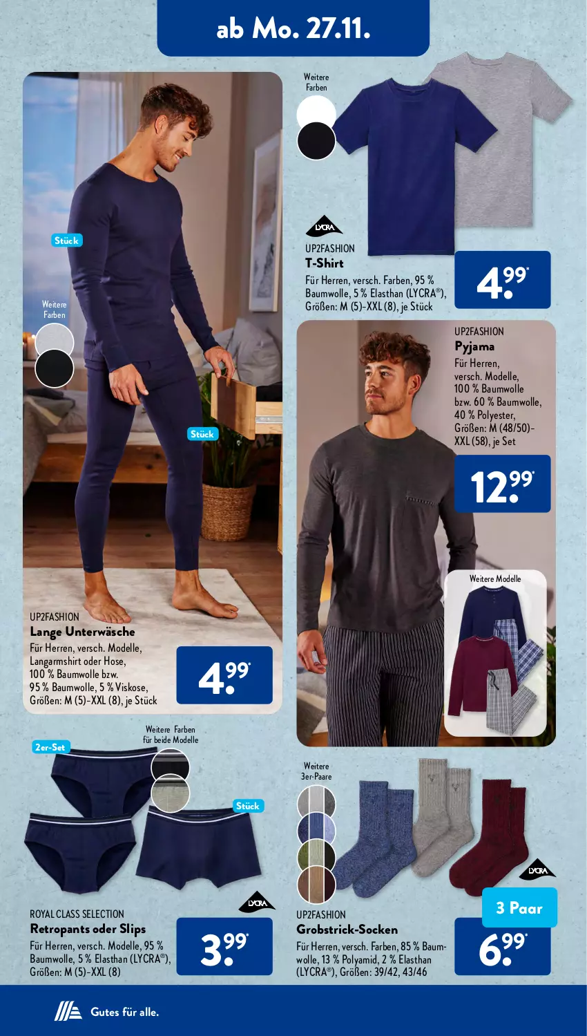 Aktueller Prospekt AldiSud - NÄCHSTE WOCHE - von 27.11 bis 02.12.2023 - strona 22 - produkty: Bau, baumwolle, dell, elle, hose, Langarmshirt, Mode, obst, Pants, Pyjama, Retropants, shirt, slip, slips, socken, T-Shirt, Ti, Unterwäsche, up2fashion, wolle