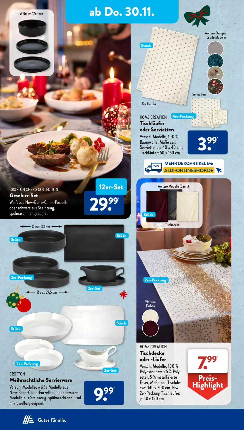 Aktueller Prospekt AldiSud - NÄCHSTE WOCHE - von 27.11 bis 02.12.2023 - strona 26 - produkty: aldi, Bau, baumwolle, Crofton, decke, dell, eis, elle, geschirr, Geschirr-Set, Läufer, mikrowelle, Mode, reis, Serviette, servietten, spülmaschinen, Ti, tisch, tischdecke, tischläufer, wolle