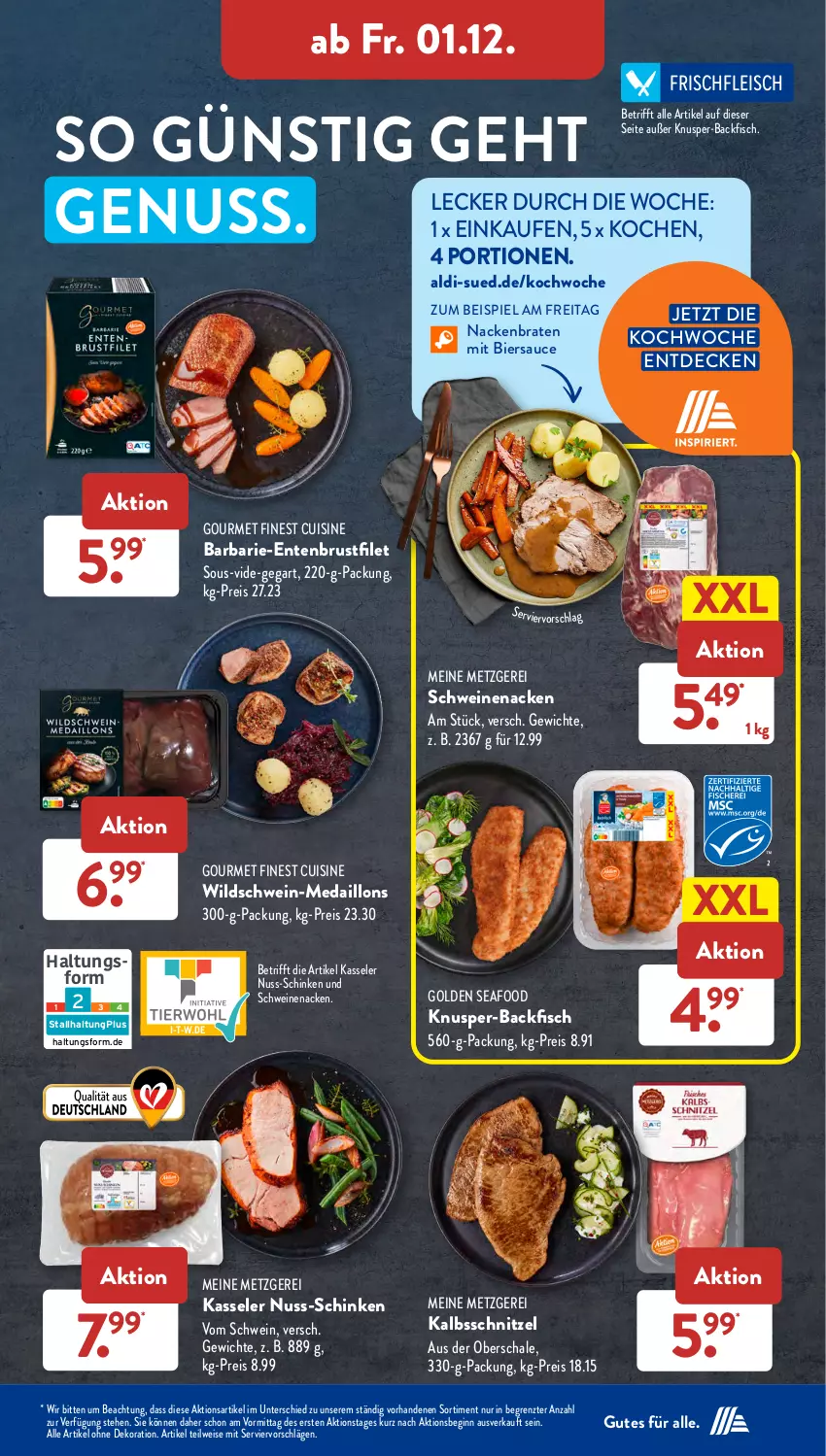 Aktueller Prospekt AldiSud - NÄCHSTE WOCHE - von 27.11 bis 02.12.2023 - strona 39 - produkty: aldi, alle artikel ohne dekoration, backfisch, bier, braten, brustfilet, decke, dekoration, eis, ente, Entenbrust, filet, fisch, fleisch, gin, kalbsschnitzel, kasseler, medaillons, nuss, reis, sauce, Schal, Schale, schinken, schnitzel, schwein, schweine, schweinenacken, Ti, wein, weine, Wild, Wildschwein, ZTE