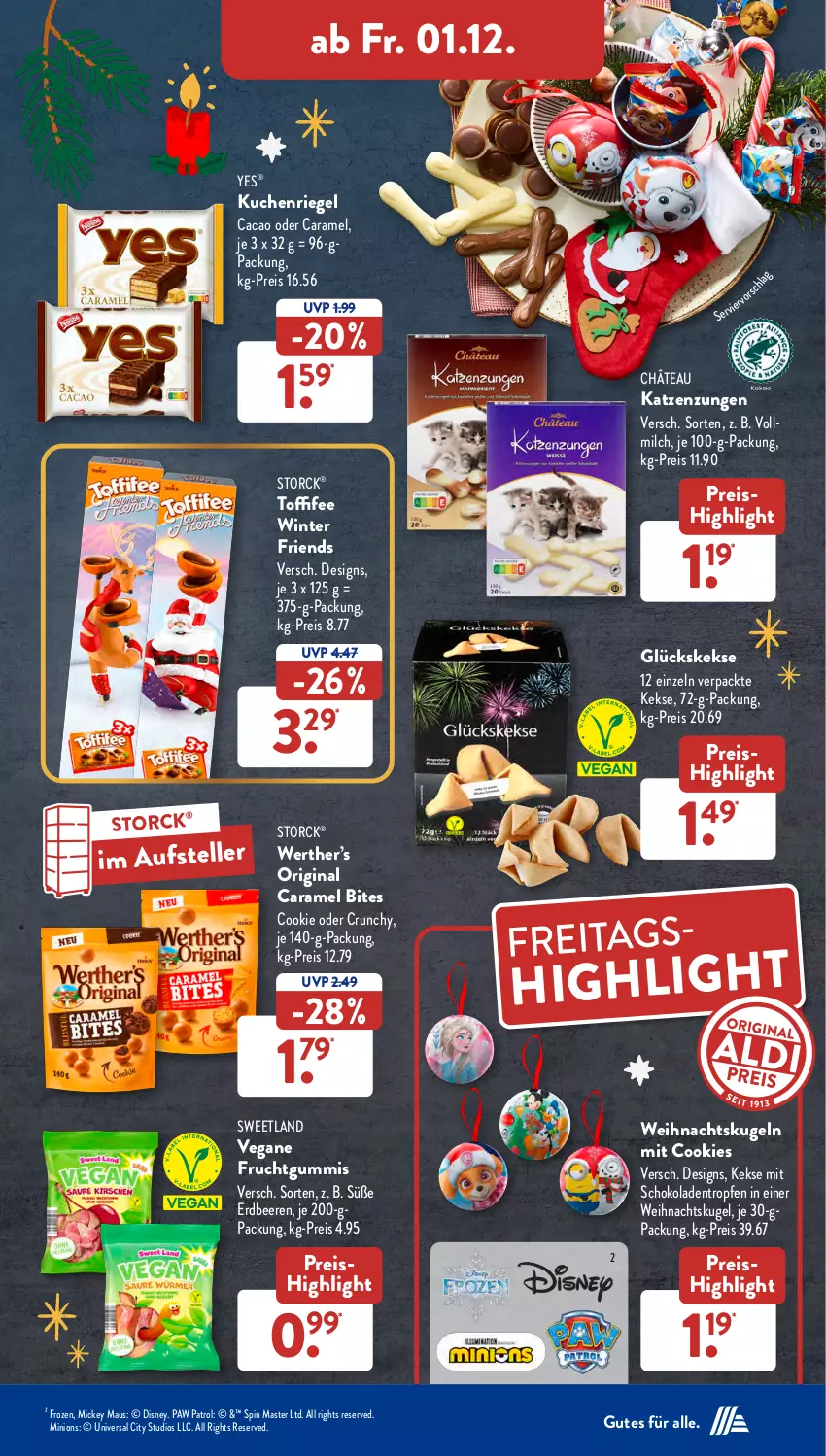 Aktueller Prospekt AldiSud - NÄCHSTE WOCHE - von 27.11 bis 02.12.2023 - strona 43 - produkty: beere, beeren, bites, caramel, cookie, cookies, disney, eis, elle, erdbeere, erdbeeren, frucht, fruchtgummi, fruchtgummis, gin, keks, kekse, kuchen, Kugel, Maus, milch, Paw Patrol, reis, riegel, schoko, schokolade, schokoladen, storck, Sweetland, teller, toffifee, vollmilch, Weihnachtskugeln