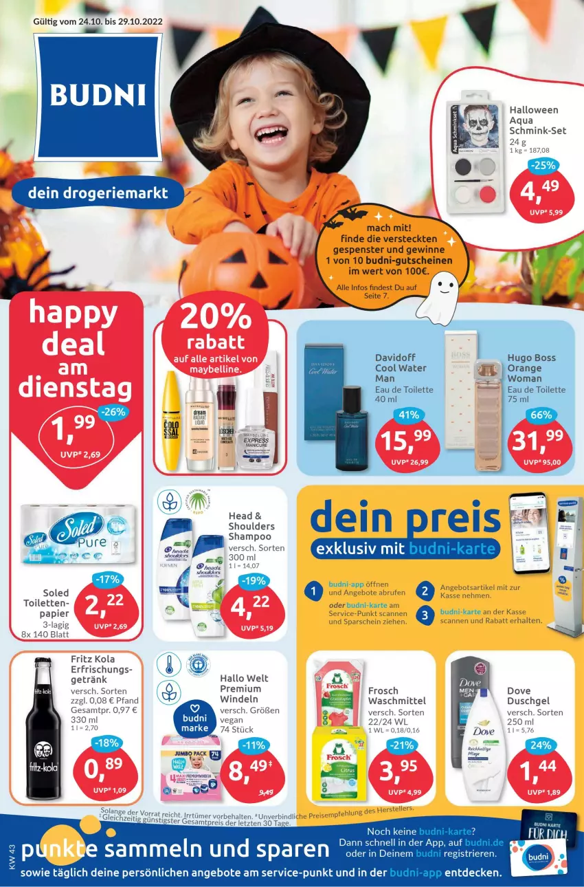 Aktueller Prospekt Budni - Prospekte - von 24.10 bis 29.10.2022 - strona 1 - produkty: angebot, angebote, aqua, boss, Brufen, davidoff, decke, dove, duschgel, eau de toilette, eis, elle, fritz, Frosch, getränk, gutschein, gutscheine, hugo, hugo boss, jumbo, mac, orange, papier, reis, shampoo, teller, Ti, waschmittel, windeln, ZTE