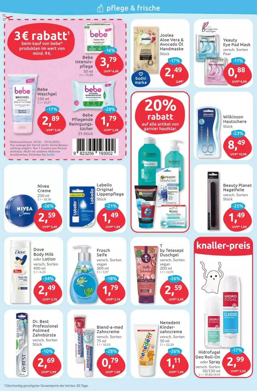 Aktueller Prospekt Budni - Prospekte - von 24.10 bis 29.10.2022 - strona 2 - produkty: aloe vera, avocado, Bebe, blend-a-med, body, body milk, buch, bürste, coupon, creme, deo, deo roll-on, dove, Dr. Best, duschgel, eis, ente, Frosch, gin, Kinder, Lippenpflege, Lotion, Maske, Nagelfeile, Reinigung, reis, roll-on, Schere, Seife, sim, Ti, tücher, waschgel, wilkinson, zahnbürste, zahncreme, ZTE