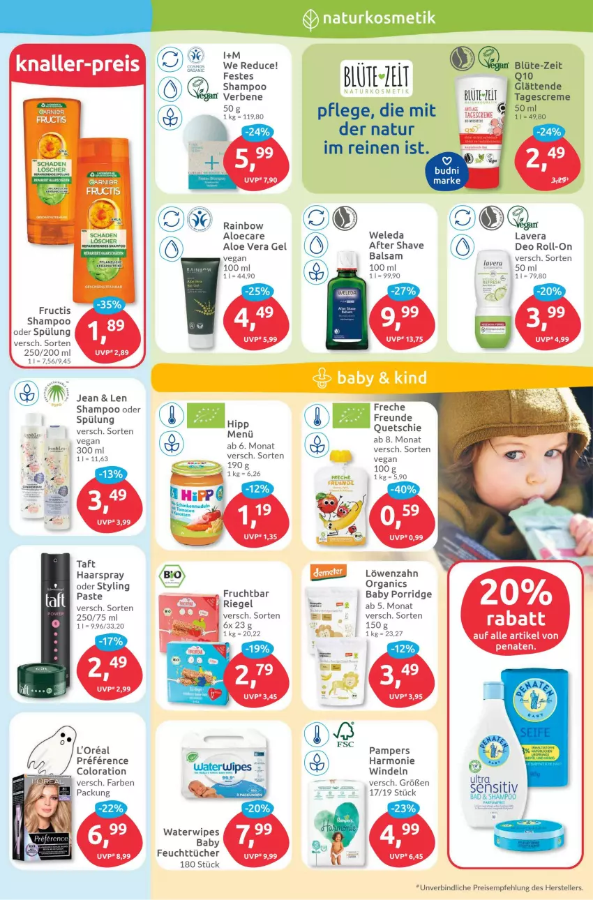 Aktueller Prospekt Budni - Prospekte - von 24.10 bis 29.10.2022 - strona 3 - produkty: balsam, Blüte, creme, eis, elle, feuchttücher, frucht, fructis, haarspray, hipp, kosmetik, loreal, natur, naturkosmetik, pampers, parfum, penaten, porridge, Q10, reis, riegel, shampoo, spülung, Taft, tagescreme, teller, Ti, tücher, weleda, windeln, Yo