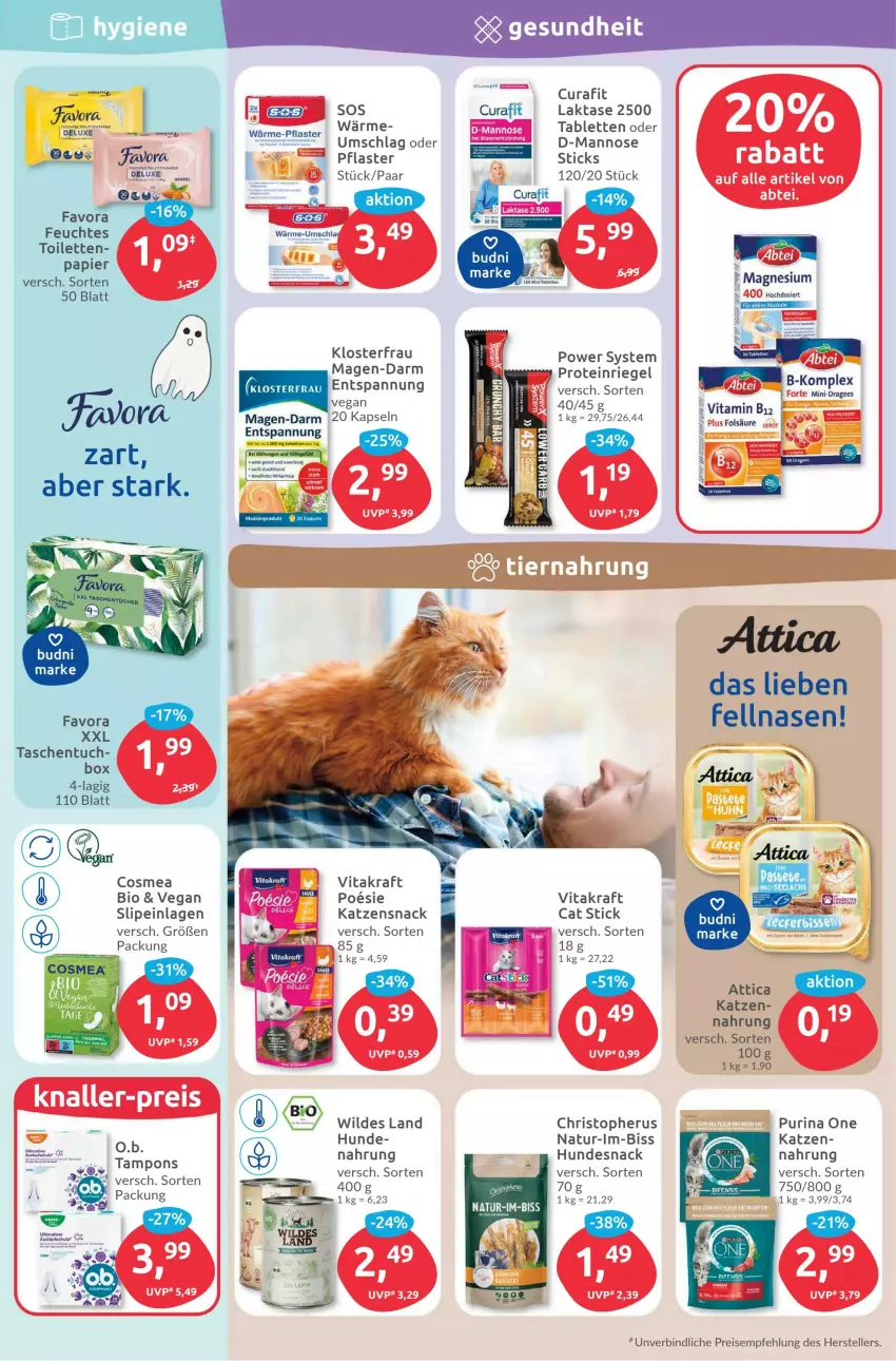 Aktueller Prospekt Budni - Prospekte - von 24.10 bis 29.10.2022 - strona 5 - produkty: bio, cosmea, eis, elle, HP, hundesnack, katzensnack, kraft, lachs, magnesium, natur, O.b., papier, pflaster, purina, reis, riegel, ring, slip, slipeinlagen, snack, tablet, tablett, Tablette, Tampon, tampons, Tasche, taschen, tee, teller, Ti, timer, tuc, vita, vitakraft, Vitamin B, Wild