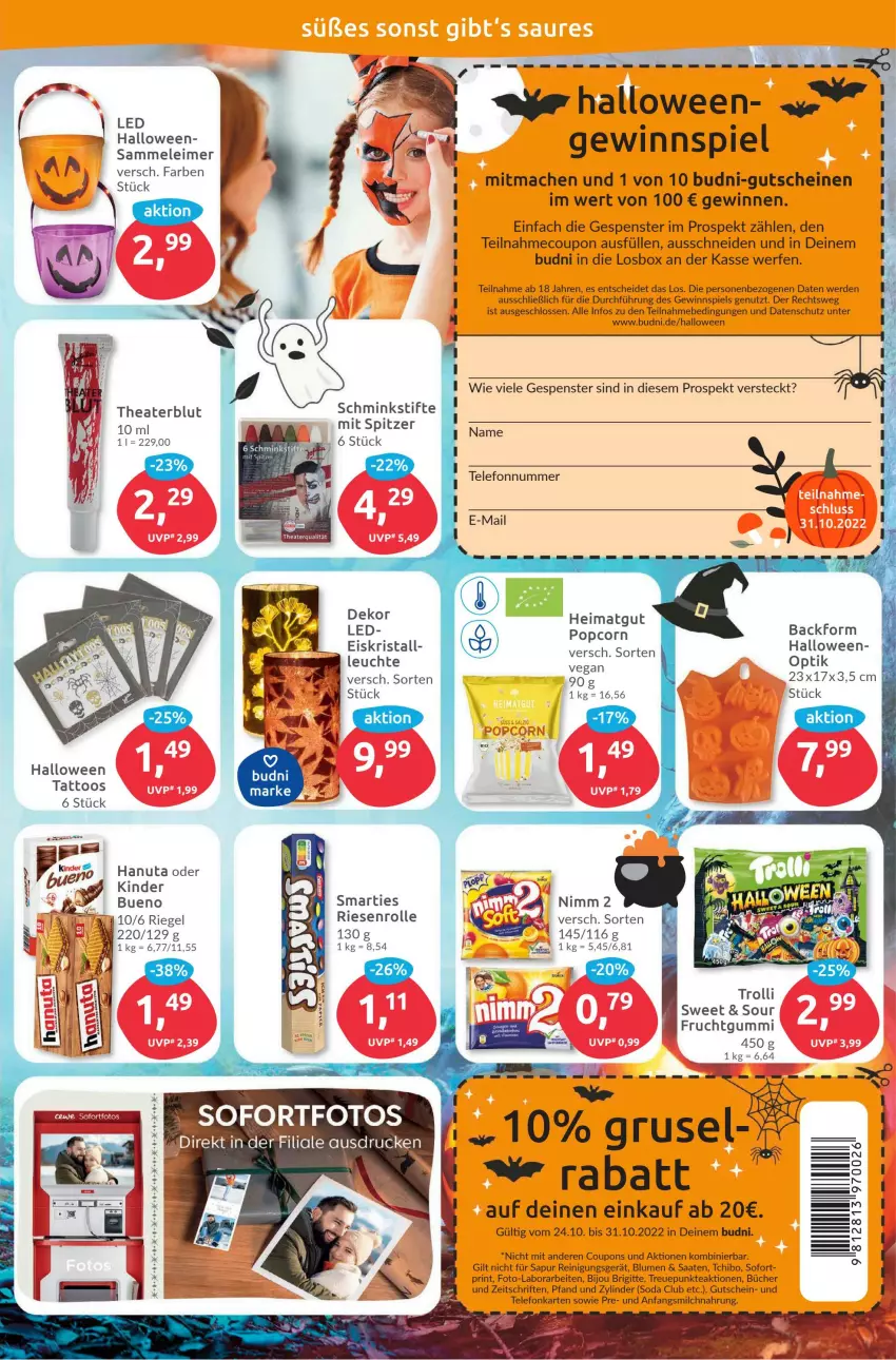 Aktueller Prospekt Budni - Prospekte - von 24.10 bis 29.10.2022 - strona 7 - produkty: Backform, blume, blumen, coupon, coupons, eimer, eis, erde, gewinnspiel, gutschein, gutscheine, hanuta, Kinder, kinder bueno, leimer, Leuchte, mac, milch, nimm2, popcorn, Reinigung, riegel, smarties, Soda, stifte, Tchibo, telefon, Thea, Ti, trolli