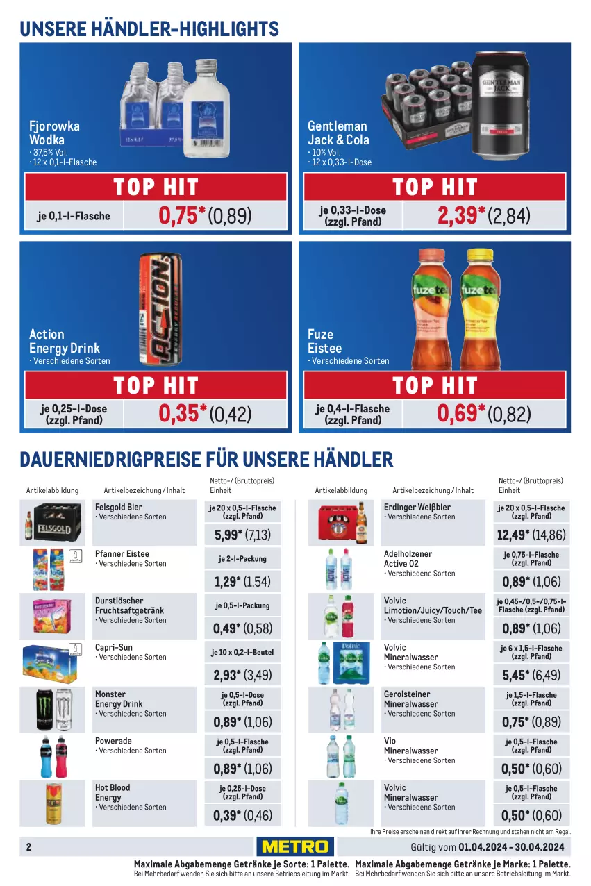 Aktueller Prospekt Metro - Trader Exklusiv - von 01.04 bis 30.04.2024 - strona 2 - produkty: adelholzener, Alwa, auer, beutel, bier, brut, Cap, capri-sun, cola, drink, durstlöscher, eis, eistee, energy drink, erdinger, flasche, frucht, fruchtsaft, fruchtsaftgetränk, gerolsteine, gerolsteiner, getränk, getränke, Holz, limo, mineralwasser, monster, Monster Energy, Palette, pfanne, Pfanner, regal, reis, saft, steiner, tee, Ti, volvic, wasser, wodka