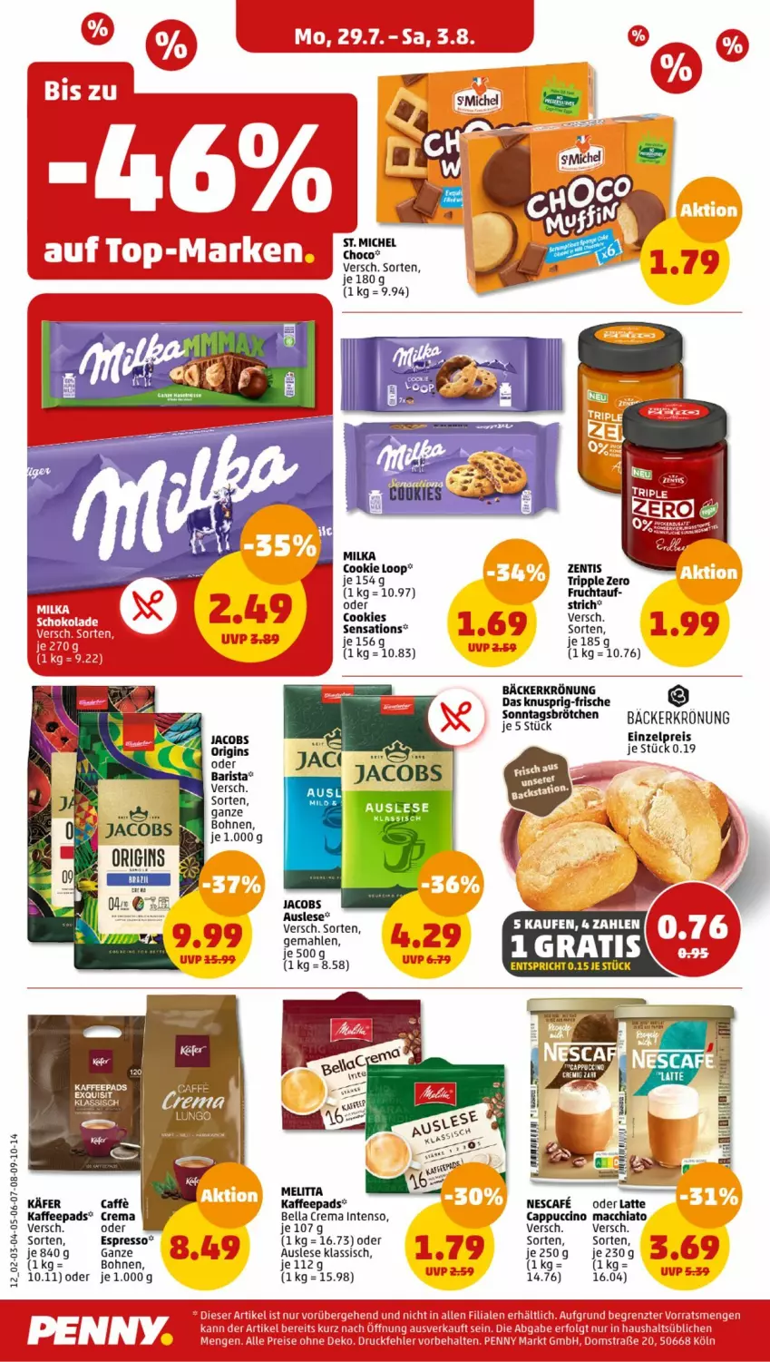 Aktueller Prospekt Penny - Prospekte - von 29.07 bis 03.08.2024 - strona 10 - produkty: ACC, bella crema, bohne, bohnen, brötchen, caffe, Cap, cappuccino, chia, cin, cookie, cookies, eis, espresso, frucht, intenso, jacobs, käfer, kaffee, kaffeepads, latte, mac, macchiato, melitta, milka, nescafe, reis, sensations, Sonntagsbrötchen, Ti