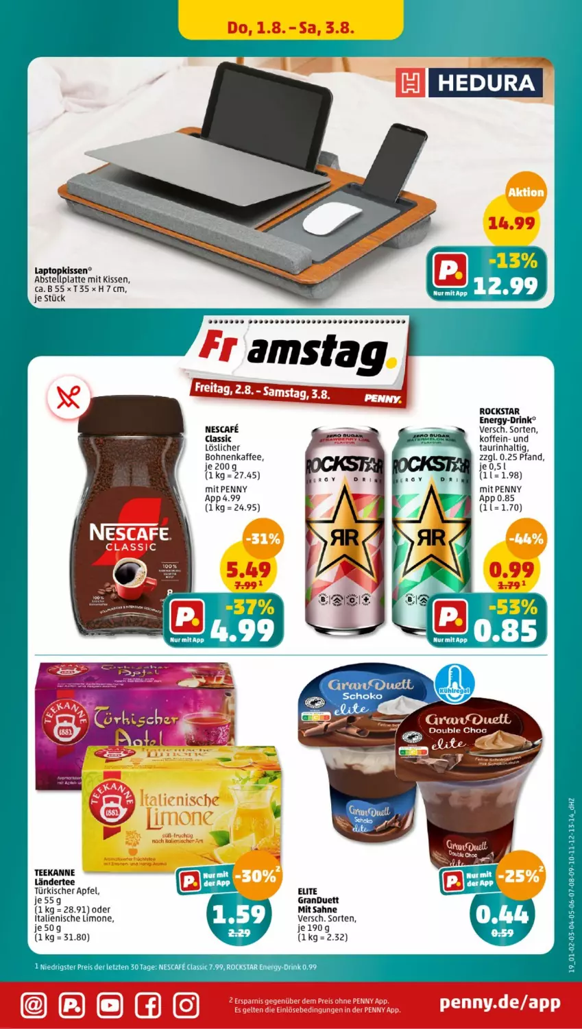 Aktueller Prospekt Penny - Prospekte - von 29.07 bis 03.08.2024 - strona 19 - produkty: apfel, bohne, bohnen, bohnenkaffee, drink, eis, kaffee, kissen, Ländertee, Laptop, latte, limo, löslicher bohnenkaffee, nescafe, reis, Rockstar, sahne, schoko, tee, teekanne, Ti, ZTE