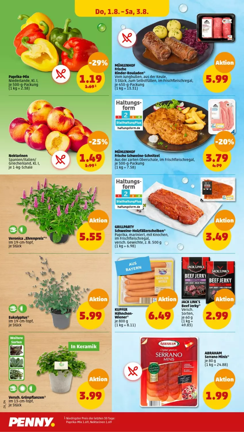 Aktueller Prospekt Penny - Prospekte - von 29.07 bis 03.08.2024 - strona 26 - produkty: beef, eis, fleisch, grill, Grünpflanzen, Holz, jungbullen, Nektar, nektarinen, paprika, pflanze, pflanzen, regal, reis, rind, rinder, rinder-rouladen, rouladen, Schal, Schale, schnitzel, schwein, schweine, schweine-schnitzel, serrano, topf, wein, weine, ZTE