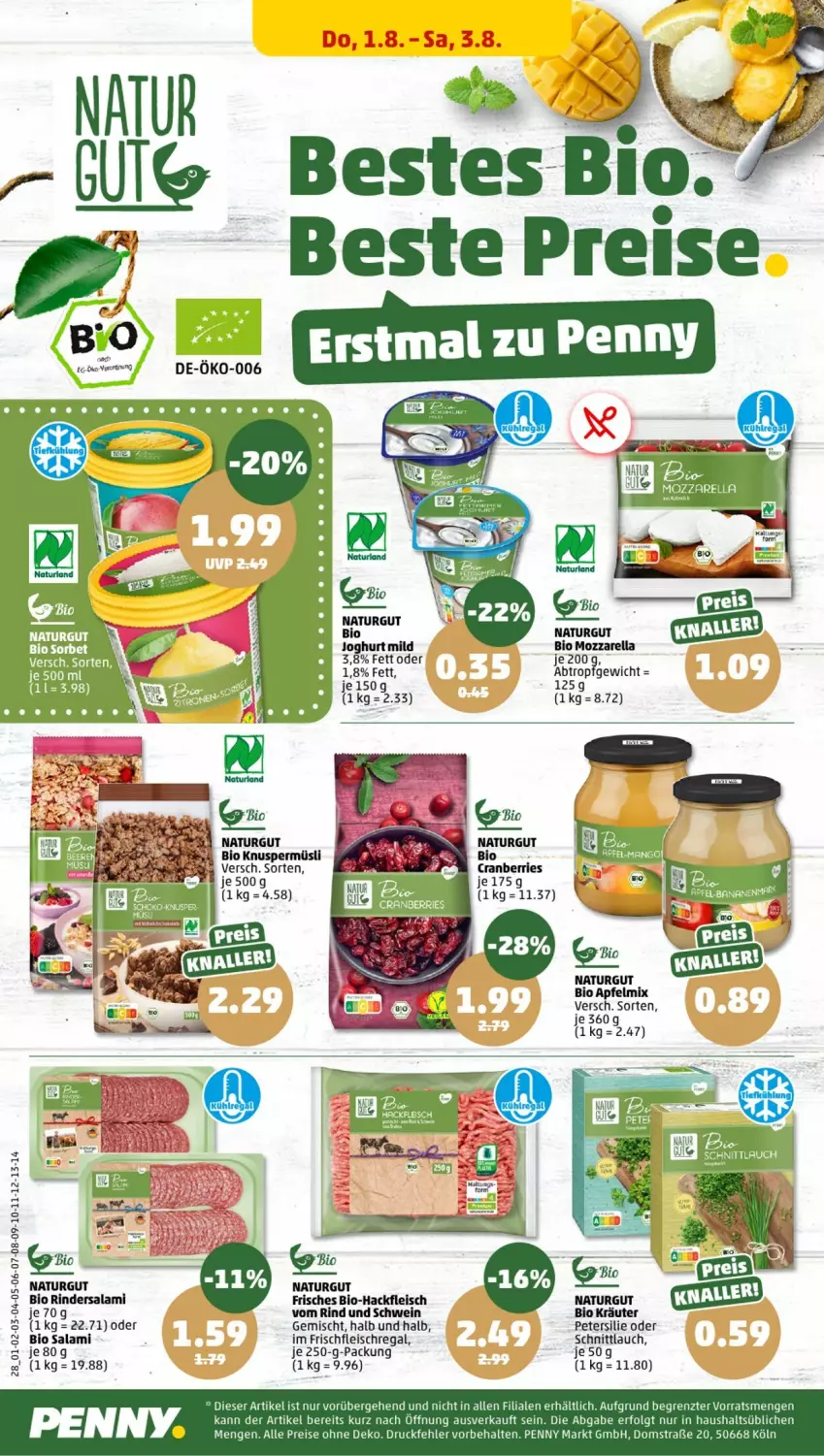 Aktueller Prospekt Penny - Prospekte - von 29.07 bis 03.08.2024 - strona 28 - produkty: apfel, bio, Bio-Hackfleisch, cranberries, eis, fleisch, hackfleisch, joghur, joghurt, joghurt mild, Knuspermüsli, kräuter, LG, mozzarella, müsli, natur, petersilie, regal, reis, rel, rind, salami, schnittlauch, schwein, Ti, wein, ZTE