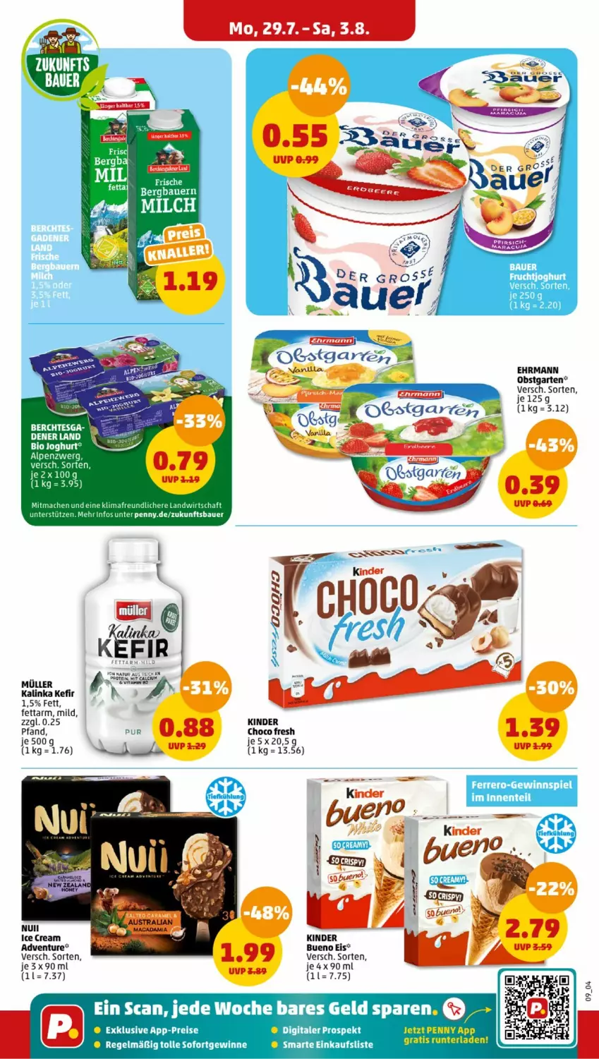 Aktueller Prospekt Penny - Prospekte - von 29.07 bis 03.08.2024 - strona 9 - produkty: auer, Bau, Bauer, bio, Calcium, choco fresh, ehrmann, eis, ente, Garten, joghur, joghurt, Kefir, Kinder, Kinder Choco fresh, mac, Müller, natur, obst, obstgarten, reis, Ti