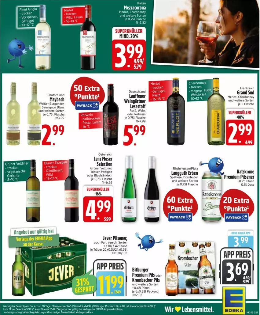 Aktueller Prospekt Edeka - Prospekte - von 10.11 bis 15.11.2025 - strona 23 - produkty: auer, bitburger, blauer zweigelt, burger, burgunder, chardonnay, deka, eis, flasche, grand sud, grüner veltliner, jever, jever pilsener, krombache, krombacher, krombacher pils, krone, lebensmittel, Lenz Moser, maybach, merl, merlot, moser, pils, pilsener, premium pils, rotwein, sauvignon, sauvignon blanc, Ti, wein, Zweigelt