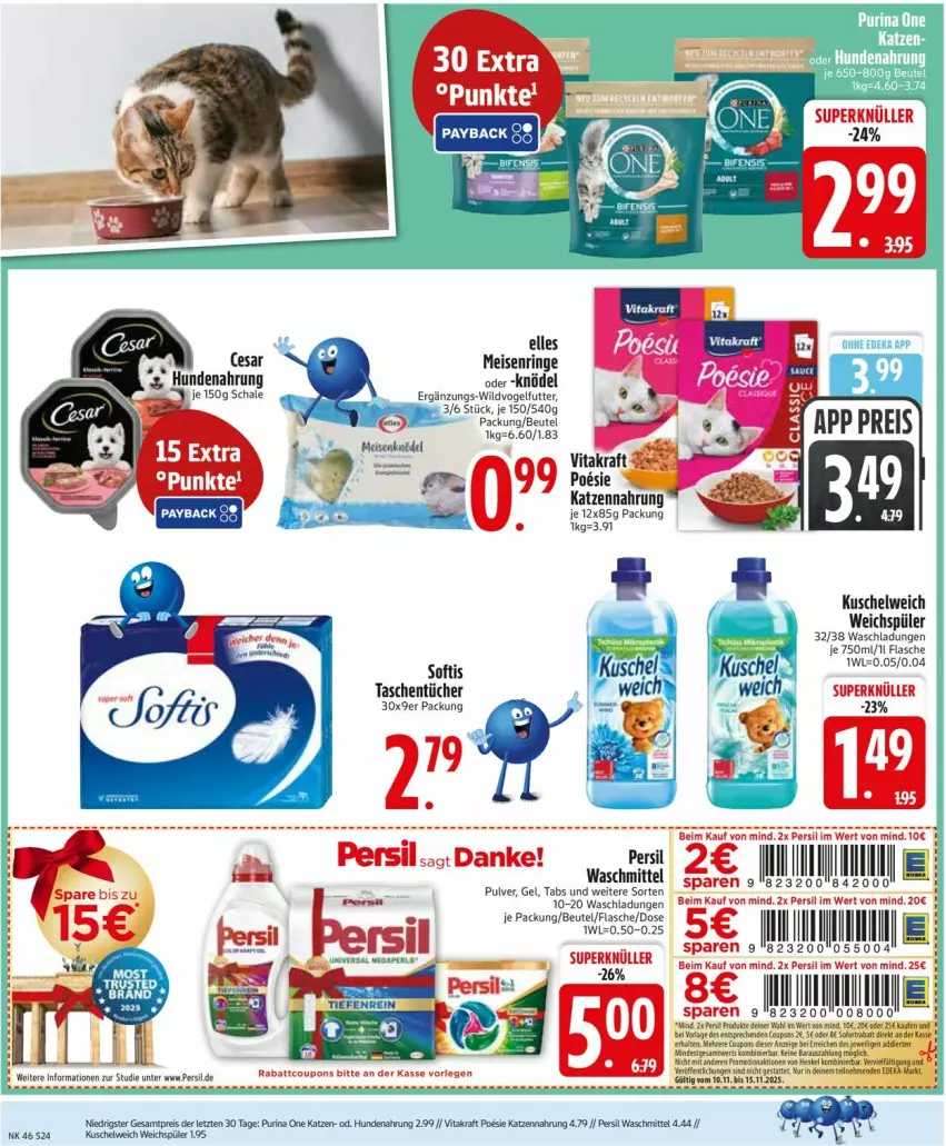 Aktueller Prospekt Edeka - Prospekte - von 10.11 bis 15.11.2025 - strona 26 - produkty: ACC, beutel, coupon, coupons, eis, elle, flasche, hundenahrung, Knödel, Kuschelweich, persil, persil waschmittel, purina, ring, Schal, Schale, Sofa, Tasche, taschen, taschentücher, Ti, tücher, vita, Vogelfutter, waschmittel, weichspüler, Wild, Yo, ZTE