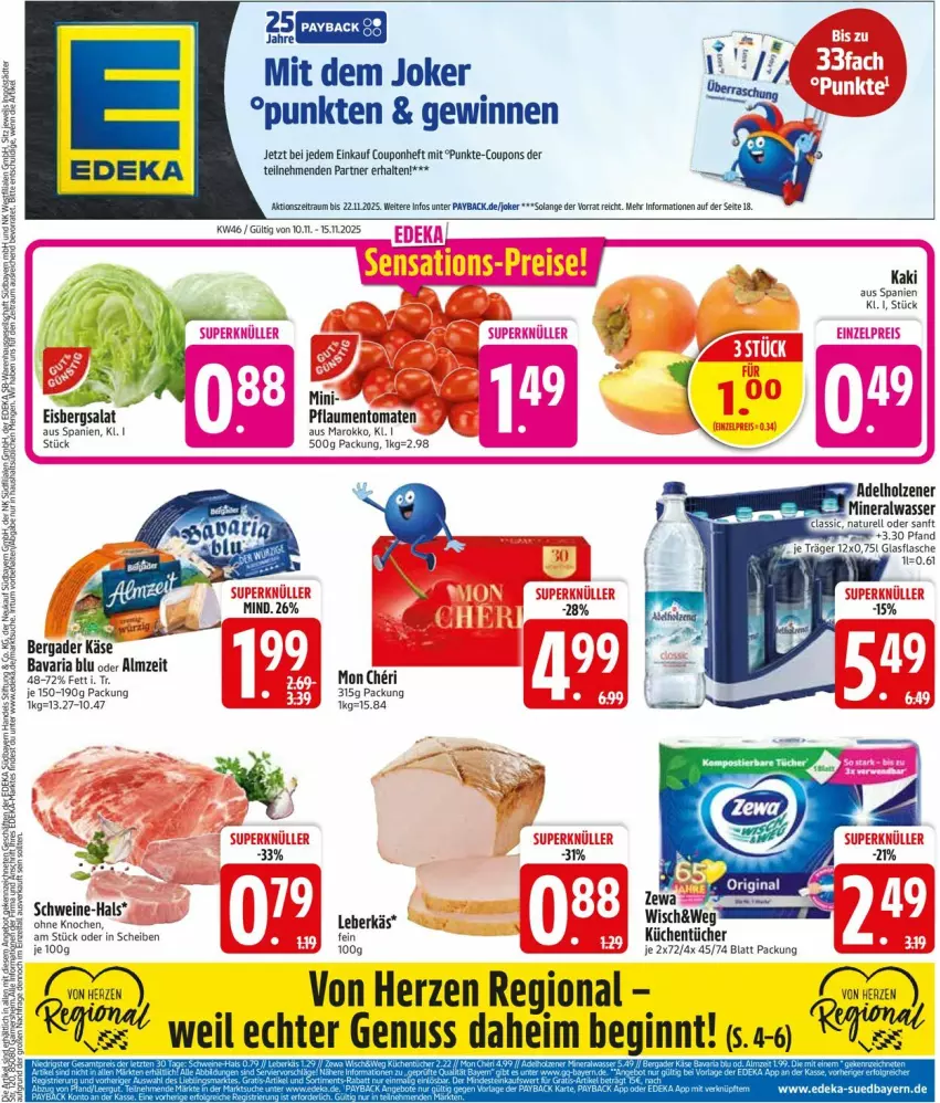 Aktueller Prospekt Edeka - Prospekte - von 10.11 bis 15.11.2025 - strona 3 - produkty: bavaria blu, bergader, coupon, coupons, eis, eisbergsalat, gin, Kaki, Käse, küche, Küchen, küchentücher, nuss, payback, pflaume, pflaumen, Ria, salat, schwein, schweine, Ti, tomate, tomaten, tücher, wein, weine