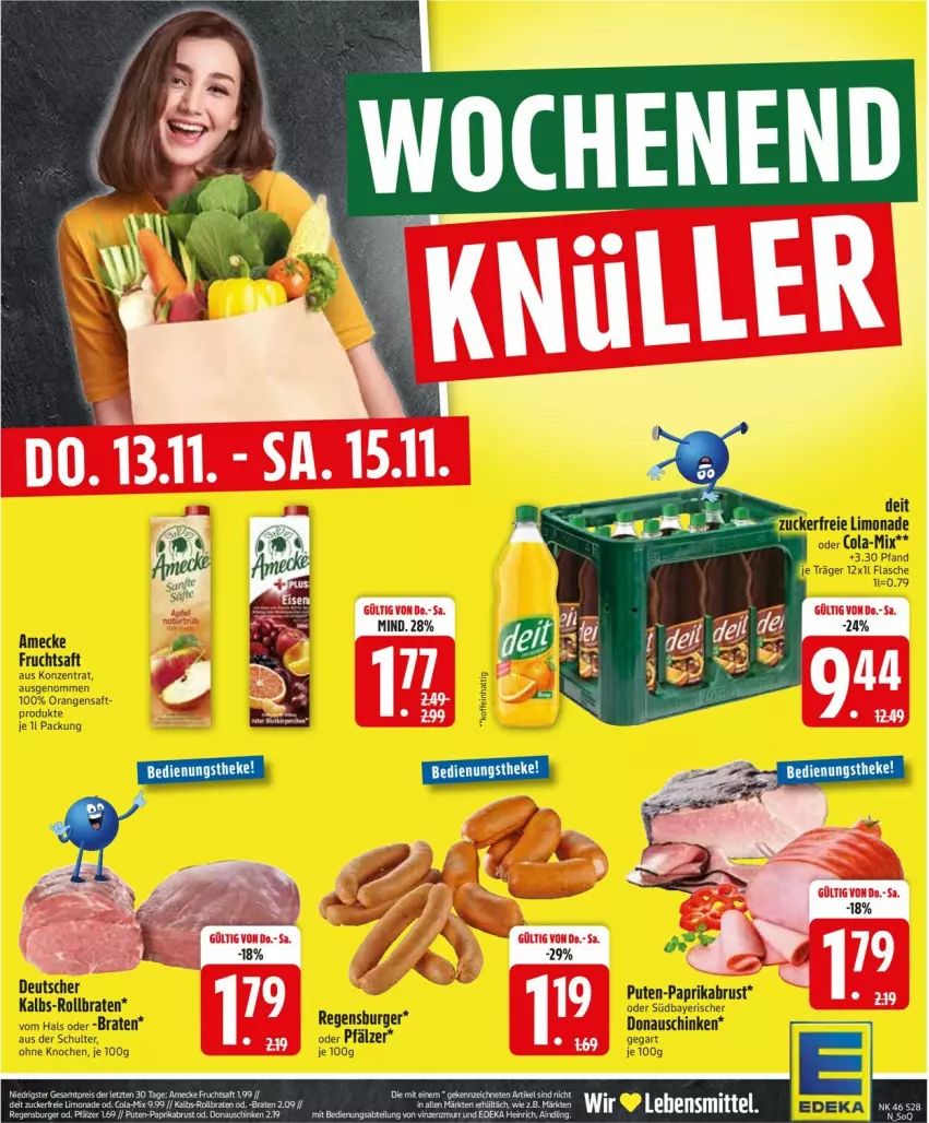 Aktueller Prospekt Edeka - Prospekte - von 10.11 bis 15.11.2025 - strona 30 - produkty: amecke, braten, burger, cola, eier, frucht, fruchtsaft, orange, orangen, orangensaft, paprika, regensburger, rollbraten, saft, säfte, schinken, ZTE