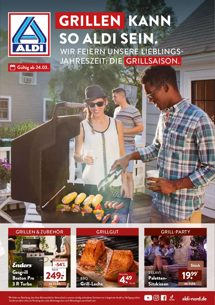 Aktueller Prospekt Aldi Nord - Aldi-Grillen - von 24.03 bis 23.05.2022 - strona 1 - produkty: aldi, eier, gasgrill, gin, grill, grill-lachs, kissen, lachs, LG, Palette, Schal, Schale, sitzkissen, Ti, ZTE