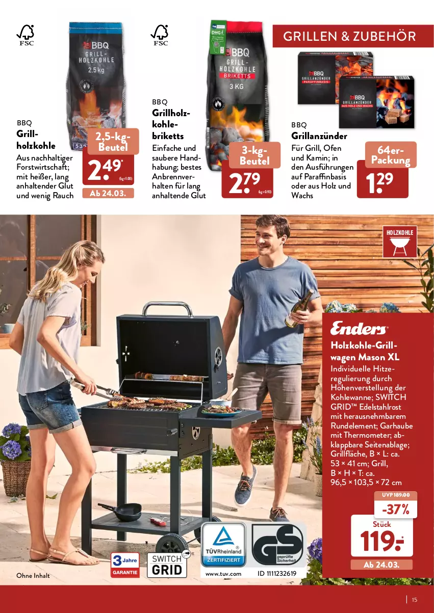 Aktueller Prospekt Aldi Nord - Aldi-Grillen - von 24.03 bis 23.05.2022 - strona 15 - produkty: anzünder, beutel, briketts, edelstahl, elle, grill, grillanzünder, grillfläche, grillholzkohle, Holz, holzkohle, Kamin, mit thermometer, Ofen, Rauch, tender, thermometer, Ti, Wanne