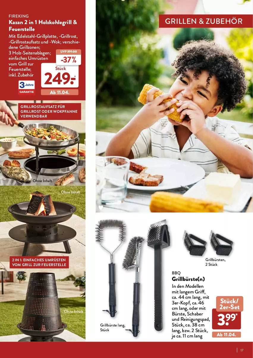 Aktueller Prospekt Aldi Nord - Aldi-Grillen - von 24.03 bis 23.05.2022 - strona 17 - produkty: bürste, bürsten, dell, edelstahl, elle, grill, grillplatte, grillrost, Holz, holzkohle, holzkohlegrill, Kohlegrill, latte, Mode, pfanne, Reinigung, rwe, wok