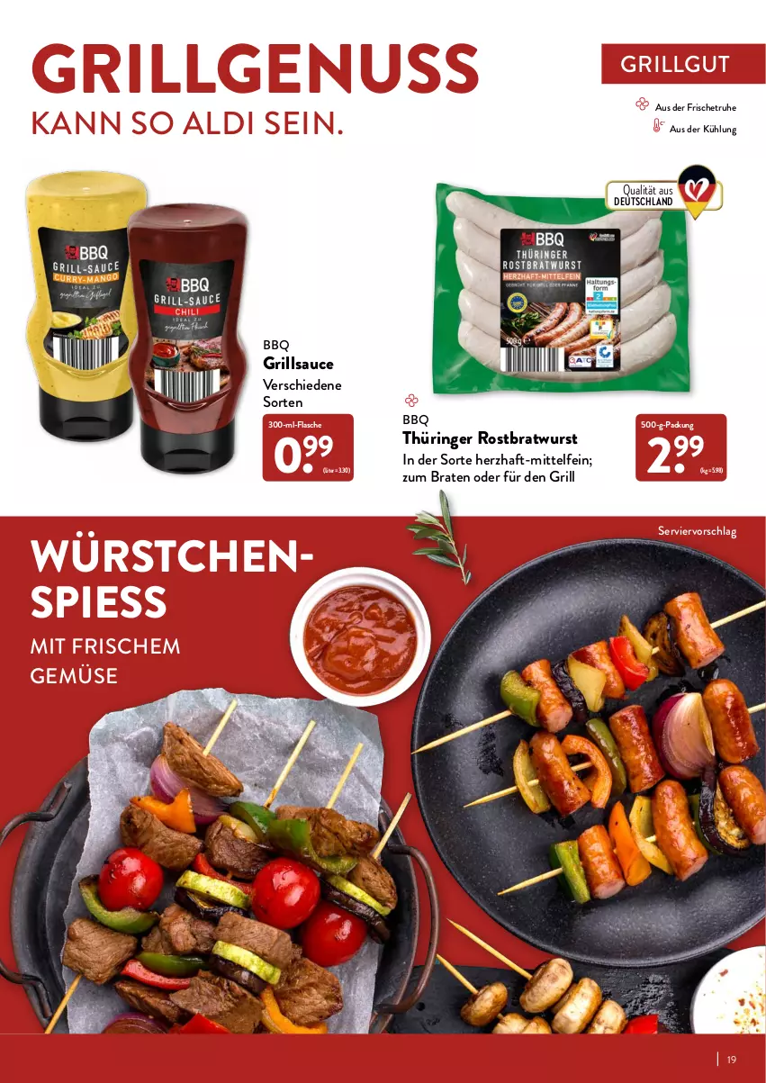 Aktueller Prospekt Aldi Nord - Aldi-Grillen - von 24.03 bis 23.05.2022 - strona 19 - produkty: aldi, braten, bratwurst, flasche, grill, grillsauce, LG, nuss, ring, rostbratwurst, sauce, thüringer rostbratwurst, wurst, würstchen