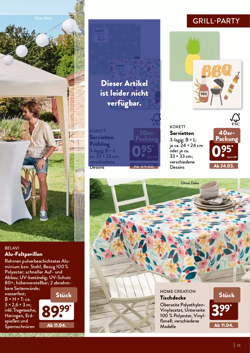 Aktueller Prospekt Aldi Nord - Aldi-Grillen - von 24.03 bis 23.05.2022 - strona 23 - produkty: Abba, Bau, decke, dell, elle, Faltpavillon, grill, hering, Mode, pavillon, ring, Serviette, servietten, Tasche, Ti, tisch, tischdecke, tragetasche, uv-schutz, wasser