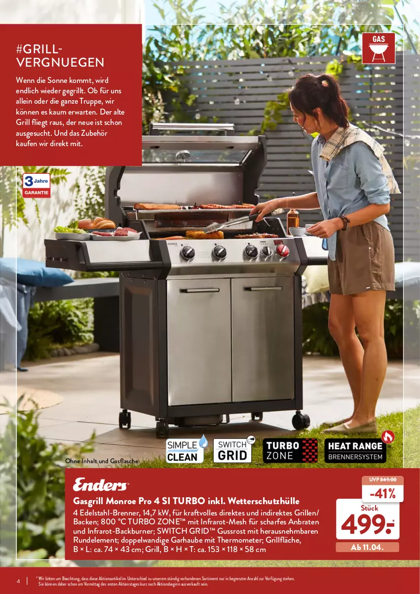 Aktueller Prospekt Aldi Nord - Aldi-Grillen - von 24.03 bis 23.05.2022 - strona 4 - produkty: braten, edelstahl, flasche, gasgrill, gin, grill, grillfläche, kraft, mit thermometer, schutzhülle, thermometer, Ti, ZTE