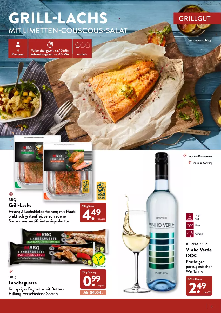 Aktueller Prospekt Aldi Nord - Aldi-Grillen - von 24.03 bis 23.05.2022 - strona 5 - produkty: aqua, baguette, butter, couscous, erde, filet, fisch, flasche, frucht, Geflügel, grill, grill-lachs, lachs, lachsfilet, LG, limette, limetten, Mett, metten, salat, Schal, Schale, Ti, tisch, vinho verde, wein, Weißwein