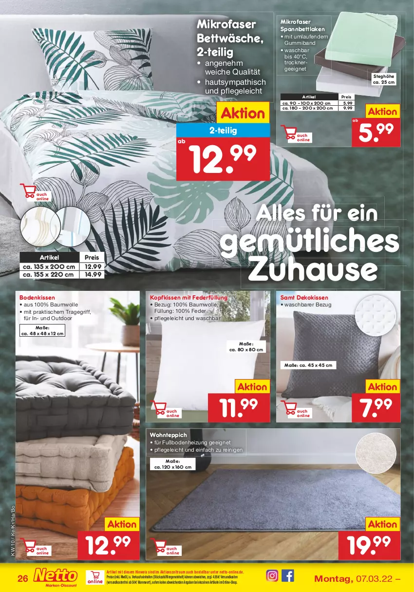 Aktueller Prospekt Netto Marken-Discount - Filial-Angebote - von 07.03 bis 12.03.2022 - strona 26 - produkty: Bau, baumwolle, bett, bettwäsche, dekokissen, eis, Ergee, kissen, kopfkissen, Laufen, mikrofaser, ndk, reis, spannbettlaken, teppich, Ti, tisch, tragegriff, Trockner, versandkostenfrei, wolle