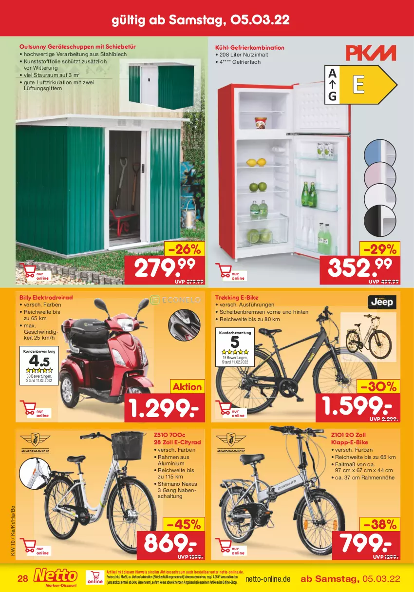 Aktueller Prospekt Netto Marken-Discount - Filial-Angebote - von 07.03 bis 12.03.2022 - strona 28 - produkty: Dreirad, E-Bike, eis, Elektro, gefrierfach, gefrierkombination, kühl-gefrierkombination, Lüftungsgitter, ndk, nexus, reis, Schal, shimano, Ti, versandkostenfrei