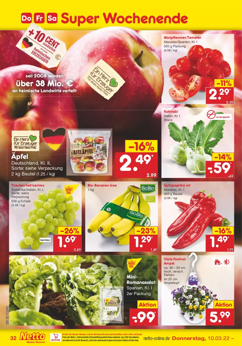 Aktueller Prospekt Netto Marken-Discount - Filial-Angebote - von 07.03 bis 12.03.2022 - strona 32 - produkty: asti, banane, bananen, beutel, bio, bio-bananen, eis, kohlrabi, ndk, paprika, paprika rot, pflaume, pflaumen, reis, Romanasalat, salat, Schal, Schale, Spitzpaprika, Ti, tomate, tomaten, topf, trauben, versandkostenfrei