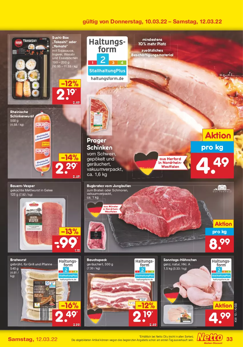 Aktueller Prospekt Netto Marken-Discount - Filial-Angebote - von 07.03 bis 12.03.2022 - strona 33 - produkty: angebot, auer, Bau, Bauer, braten, bratwurst, für grill und pfanne, gelee, grill, grill und pfanne, ingwer, jungbullen, Mett, mettwurst, natur, pfanne, Ria, sauce, schinken, schinkenwurst, schwein, soja, sojasauce, Speck, Sushi, Ti, und pfanne, wasa, wein, wurst, ZTE