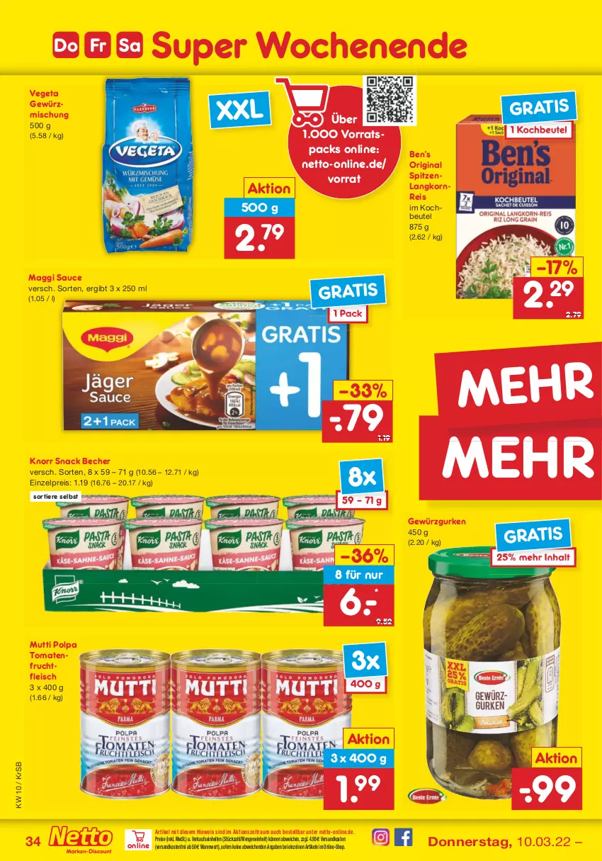 Aktueller Prospekt Netto Marken-Discount - Filial-Angebote - von 07.03 bis 12.03.2022 - strona 34 - produkty: Becher, Ben’s Original, beutel, eis, fleisch, frucht, fruchtfleisch, gewürz, Gewürzgurke, gewürzgurken, Gewürzmischung, gin, gurke, gurken, knorr, kochbeutel, korn, Langkornreis, maggi, Mutti, ndk, reis, sauce, snack, Ti, Tiere, tomate, tomaten, Vegeta, versandkostenfrei