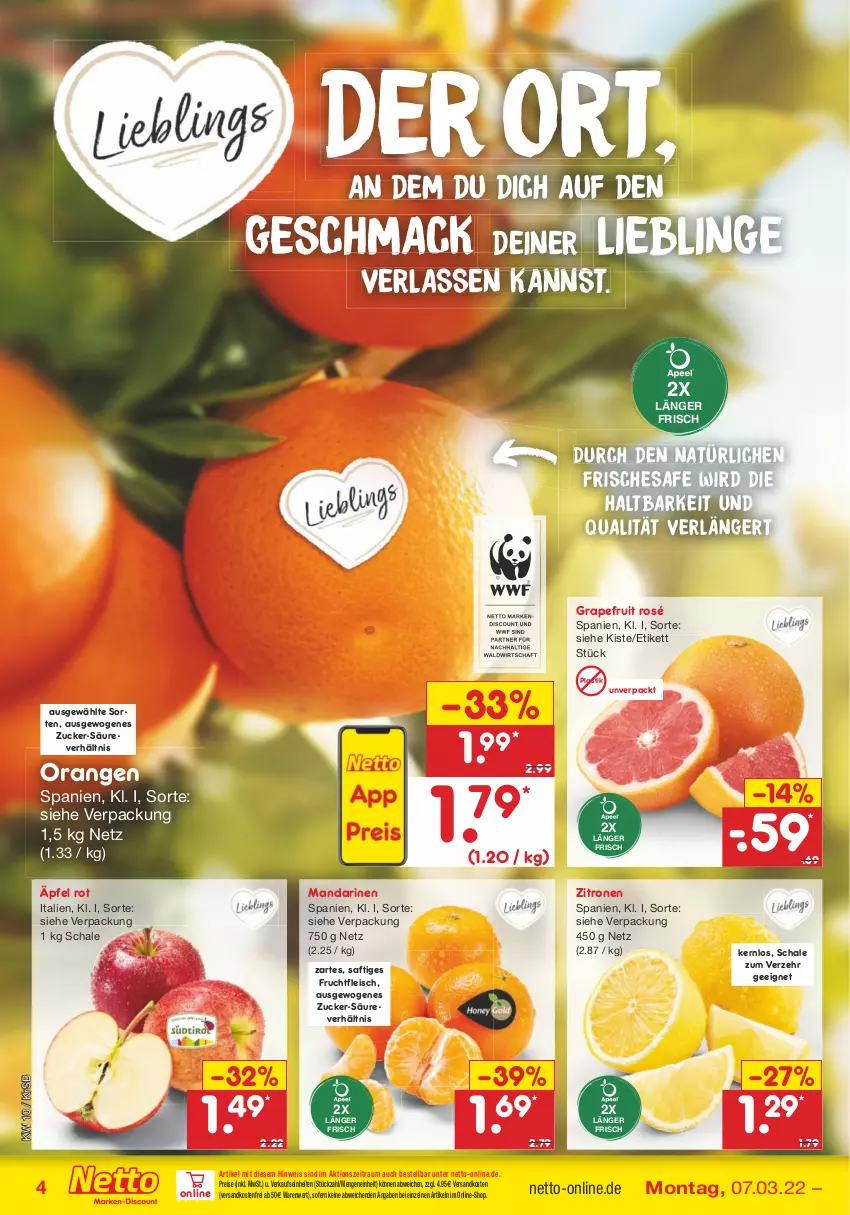 Aktueller Prospekt Netto Marken-Discount - Filial-Angebote - von 07.03 bis 12.03.2022 - strona 4 - produkty: asti, discount, eis, fleisch, frucht, fruchtfleisch, grapefruit, mac, mandarine, mandarinen, ndk, orange, orangen, reis, saft, Schal, Schale, Ti, versandkostenfrei, zitrone, zitronen, zucker