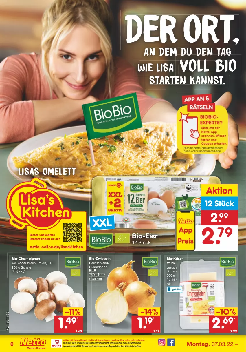 Aktueller Prospekt Netto Marken-Discount - Filial-Angebote - von 07.03 bis 12.03.2022 - strona 6 - produkty: bio, Bio-Käse, braun, champignon, eier, eis, Käse, ndk, reis, rezept, rezepte, Schal, Schale, Ti, versandkostenfrei, zwiebel, zwiebeln