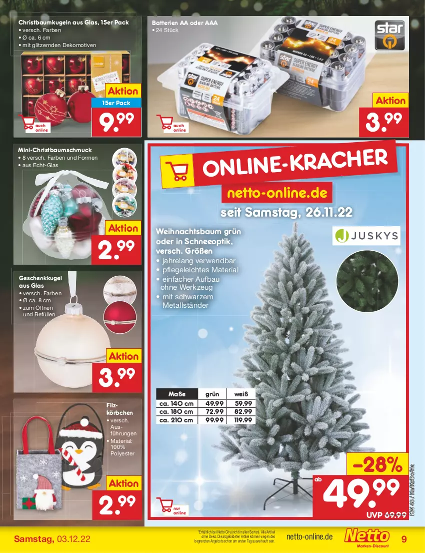 Aktueller Prospekt Netto Marken-Discount - Filial-Angebote - von 28.11 bis 03.12.2022 - strona 11 - produkty: angebot, batterie, batterien, Bau, Baumkugel, Baumschmuck, Elan, Körbchen, Kugel, rel, Ria, rwe, Schmuck, Ti, Weihnachtsbaum, werkzeug, ZTE