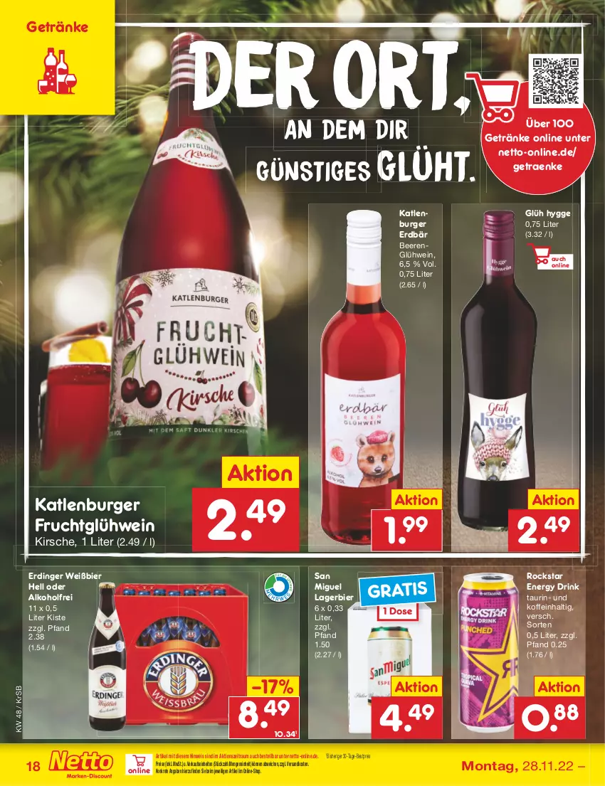 Aktueller Prospekt Netto Marken-Discount - Filial-Angebote - von 28.11 bis 03.12.2022 - strona 20 - produkty: alkohol, beere, beeren, bestpreis, bier, burger, drink, eis, energy drink, Erdbär, erdinger, frucht, getränk, getränke, Glühwein, katlenburger, kirsch, kirsche, Lagerbier, ndk, reis, Rockstar, Ti, wein