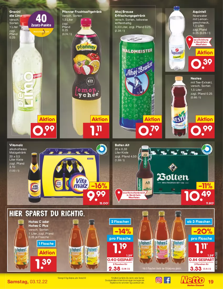 Aktueller Prospekt Netto Marken-Discount - Filial-Angebote - von 28.11 bis 03.12.2022 - strona 21 - produkty: alkohol, angebot, bestpreis, brause, eis, erfrischungsgetränk, flasche, frucht, fruchtsaft, fruchtsaftgetränk, getränk, granini, granini die limo, Hohes C, Intel, limo, mac, malz, Nestea, pfanne, Pfanner, reis, saft, tee, Ti, vita, vitamalz, ZTE