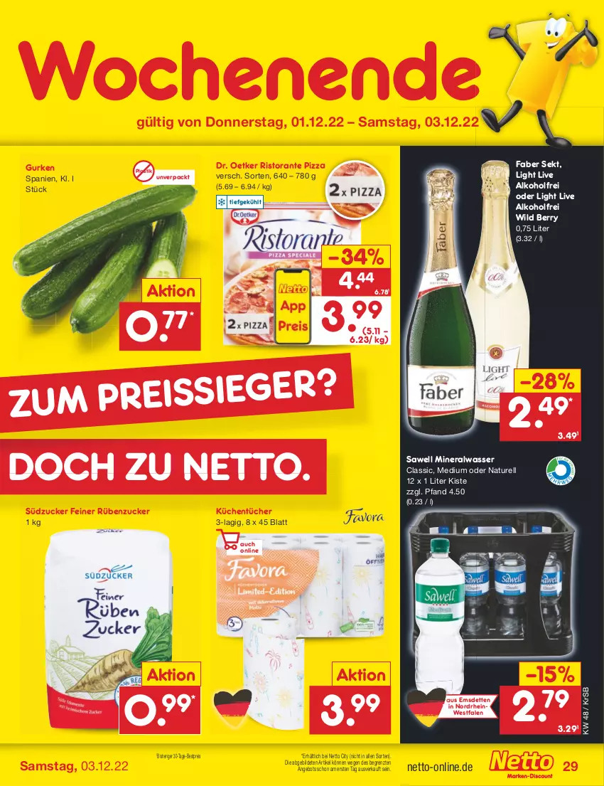 Aktueller Prospekt Netto Marken-Discount - Filial-Angebote - von 28.11 bis 03.12.2022 - strona 31 - produkty: alkohol, Alwa, angebot, asti, bestpreis, Dr. Oetker, eis, gurke, gurken, küche, Küchen, küchentücher, mineralwasser, Mineralwasser Classic, natur, pizza, reis, rel, ristorante, ristorante pizza, sekt, südzucker, Ti, tücher, wasser, Wild, wild berry, ZTE, zucker