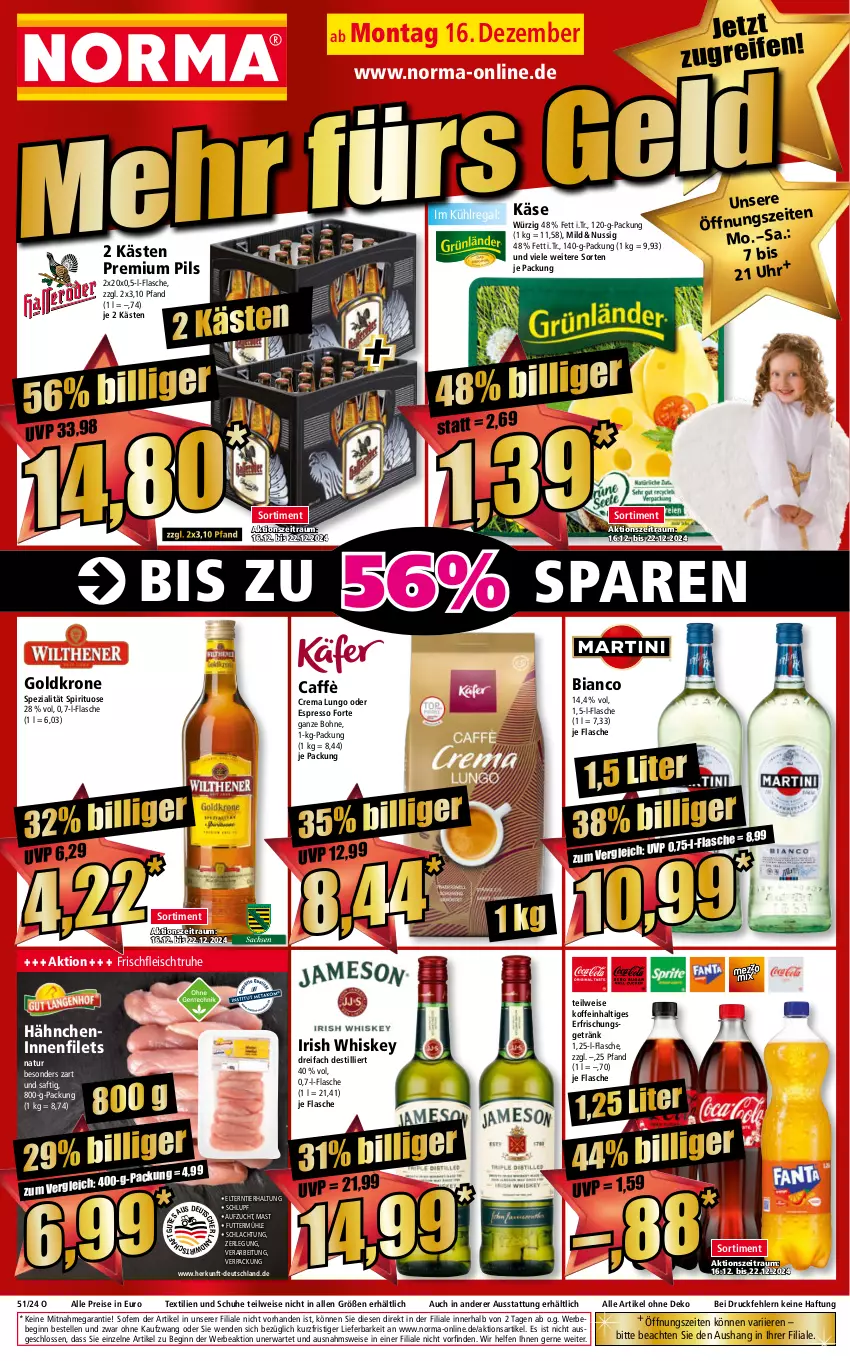 Aktueller Prospekt Norma - Norma - von 16.12 bis 23.12.2024 - strona 1 - produkty: Bebe, bohne, eis, elle, erfrischungsgetränk, espresso, filet, filets, flasche, fleisch, getränk, gin, goldkrone, irish whiskey, Käse, krone, kühlregal, lungo, natur, nuss, oder espresso, pils, premium pils, regal, reis, saft, schuhe, Spezi, Ti, uhr, whiskey