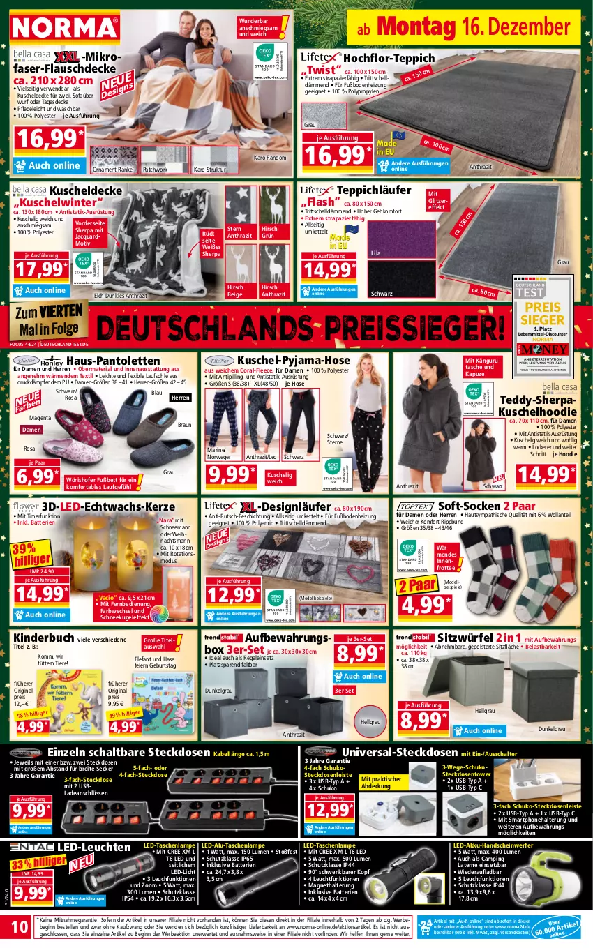 Aktueller Prospekt Norma - Norma - von 16.12 bis 23.12.2024 - strona 10 - produkty: akku, aufbewahrungsbox, batterie, batterien, Bebe, bett, braun, Brei, buch, Coral, decke, dell, eier, eis, Elefant, elle, fernbedienung, gin, Hochflor-Teppich, hose, kerze, Kette, Kinder, Kinderbuch, Kugel, kuscheldecke, Lampe, laterne, Läufer, LED-Leuchte, led-licht, Leuchte, leuchten, LG, mikrofaser, mit fernbedienung, Mode, ndk, pantolette, pantoletten, Pyjama, regal, reis, reiss, Ria, rwe, Schal, Schneekugel, smartphone, socken, Sofa, Spiele, steckdose, Steckdosenleiste, tagesdecke, Tasche, taschen, taschenlampe, tee, teppich, Ti, Tiere, timer, Tipi, tisch, usb, würfel